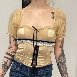 Y2K Arsenica Square Neck Ruffle Trim Corset Top Short Sleeve Size 2 Tan